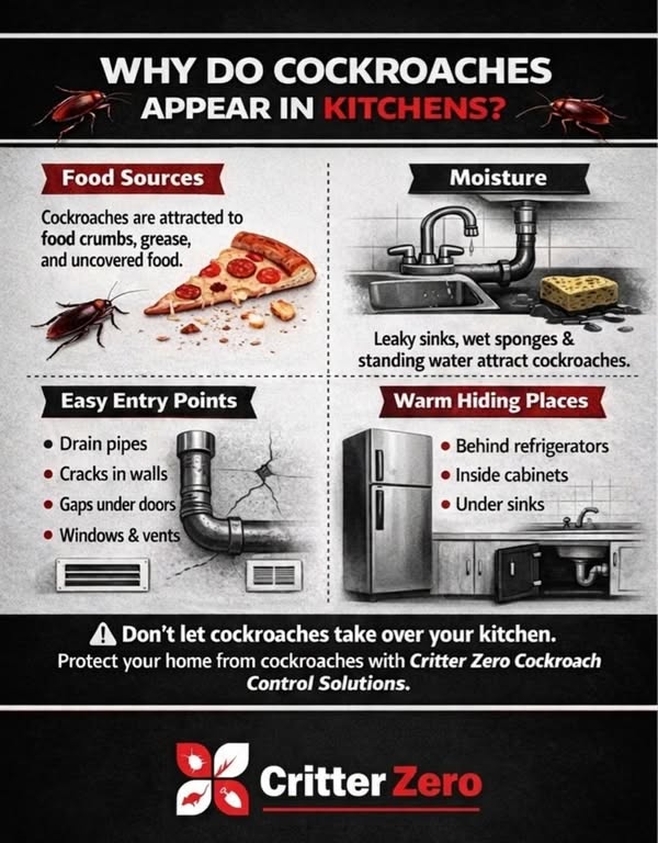 Why do cockroaches appear in kitchens? Food crumbs, moisture, and warm hiding spots make it easy for them to settle in.